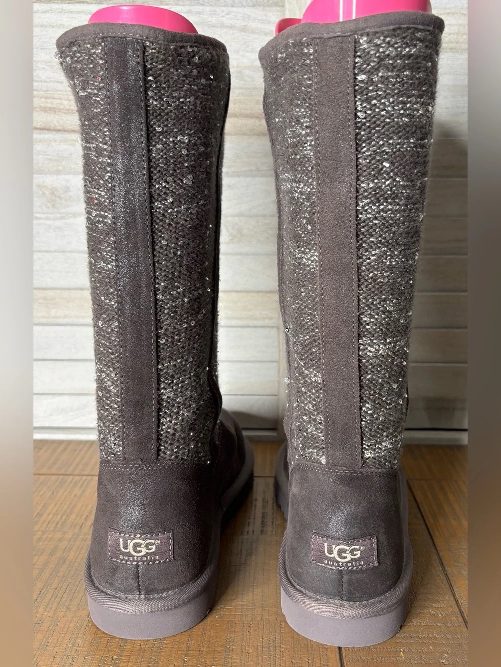 UGG Australia Camaya Tall Suede Sequin Knit Sweater Boots Gray Size 8